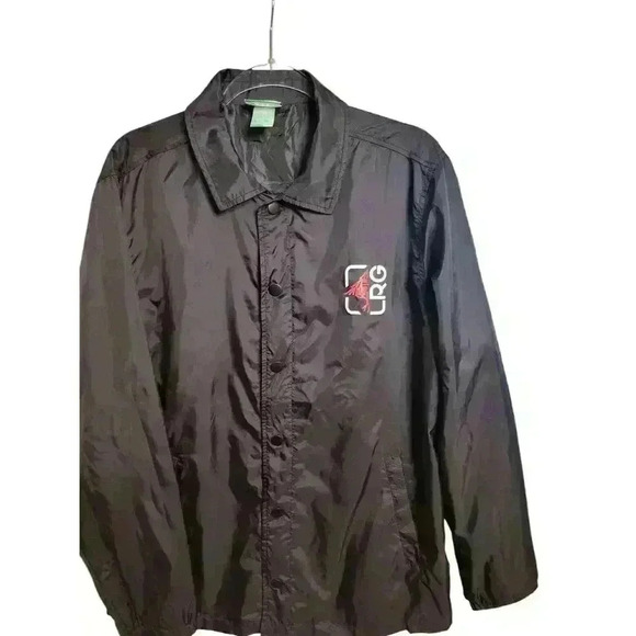 LRG Black Button Front Nylon Graphic Windbreaker Size Large - Picture 1 of 6